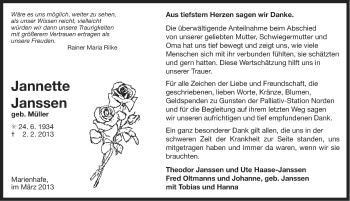 Traueranzeige von Jannette Janssen von Ostfriesischer Kurier GmbH