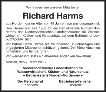 Traueranzeige von Richard Harms von Ostfriesischer Kurier GmbH