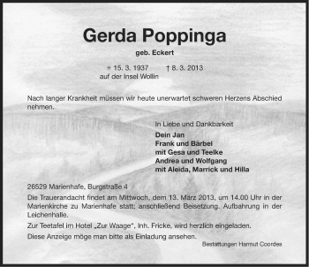 Traueranzeige von Gerda Poppinga von Ostfriesischer Kurier / Norderneyer Badezeitung