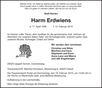 Traueranzeige von Harm Erdwiens von Ostfriesischer Kurier GmbH
