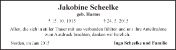 Traueranzeige von Jakobine Scheelke von Ostfriesischer Kurier / Norderneyer Badezeitung