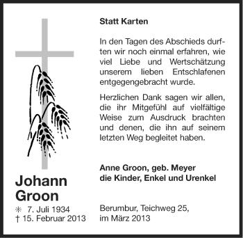 Traueranzeige von Johann Groon von Ostfriesischer Kurier GmbH