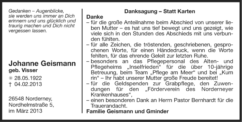  Traueranzeige für Johanne Geismann vom 19.03.2013 aus Ostfriesischer Kurier GmbH