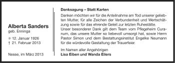 Traueranzeige von Alberta Sanders von Ostfriesischer Kurier GmbH