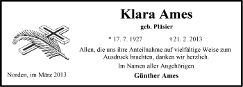 Traueranzeige von Klara Ames von Ostfriesischer Kurier GmbH