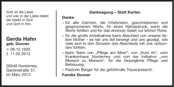 Traueranzeige von Gerda Hahn von Ostfriesischer Kurier GmbH