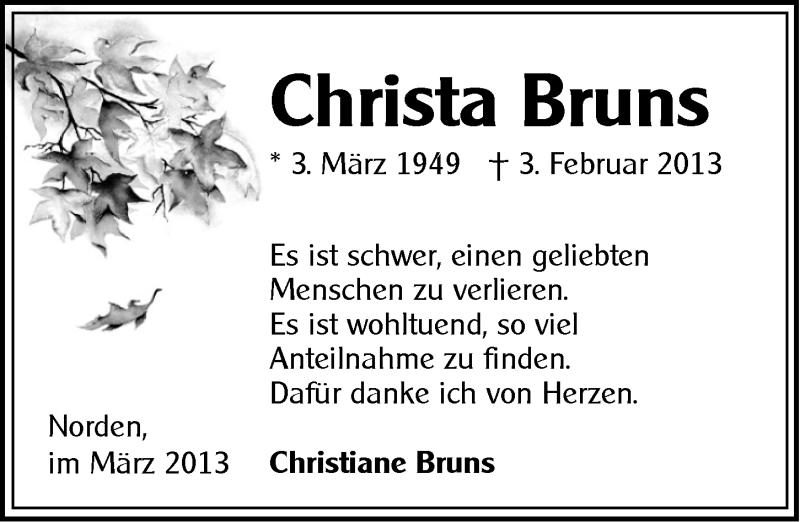  Traueranzeige für Christa Bruns vom 23.03.2013 aus Ostfriesischer Kurier GmbH