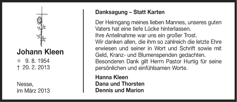  Traueranzeige für Johann Kleen vom 30.03.2013 aus Ostfriesischer Kurier GmbH