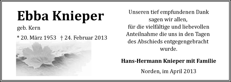  Traueranzeige für Ebba Knieper vom 06.04.2013 aus Ostfriesischer Kurier / Norderneyer Badezeitung