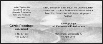 Traueranzeige von Gerda Poppinga von Ostfriesischer Kurier / Norderneyer Badezeitung