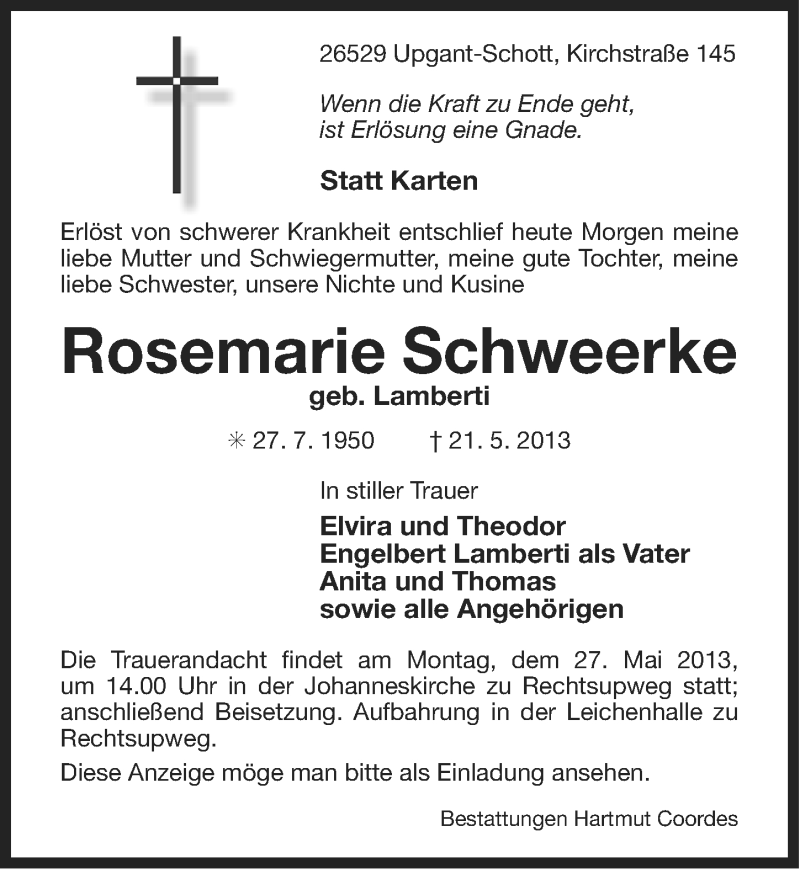  Traueranzeige für Rosemarie Schweerke vom 22.05.2013 aus Ostfriesischer Kurier / Norderneyer Badezeitung