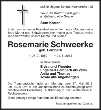 Traueranzeige von Rosemarie Schweerke von Ostfriesischer Kurier / Norderneyer Badezeitung