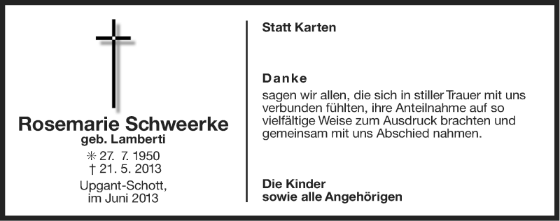  Traueranzeige für Rosemarie Schweerke vom 29.06.2013 aus Ostfriesischer Kurier / Norderneyer Badezeitung