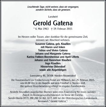 Traueranzeige von Gerold Gatena von Ostfriesischer Kurier GmbH