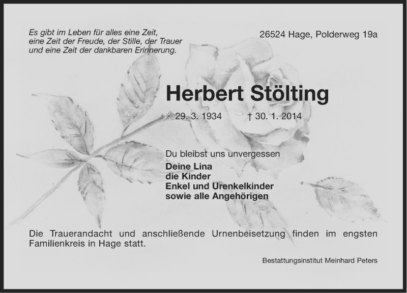  Traueranzeige für Herbert Stölting vom 31.01.2014 aus Ostfriesischer Kurier GmbH