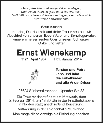 Traueranzeige von Ernst Wienekamp von Ostfriesischer Kurier GmbH