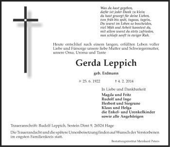 Traueranzeige von Gerda Leppich von Ostfriesischer Kurier GmbH