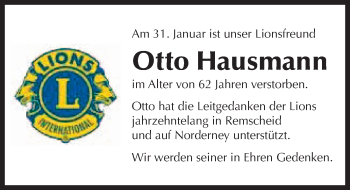 Traueranzeige von Otto Hausmann von Ostfriesischer Kurier GmbH