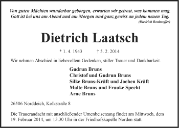 Traueranzeige von Dietrich Laatsch von Ostfriesischer Kurier GmbH