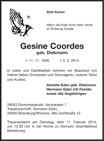 Traueranzeige von Gesine Coordes von Ostfriesischer Kurier GmbH