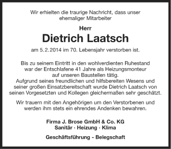Traueranzeige von Dietrich Laatsch von Ostfriesischer Kurier GmbH