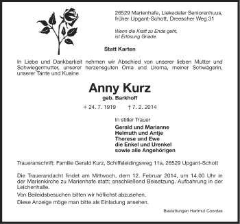 Traueranzeige von Anny Kurz von Ostfriesischer Kurier GmbH