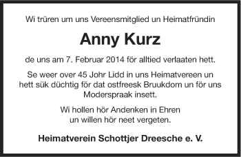 Traueranzeige von Anny Kurz von Ostfriesischer Kurier GmbH