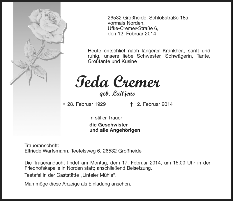  Traueranzeige für Teda Cremer vom 14.02.2014 aus Ostfriesischer Kurier GmbH