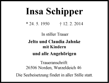 Traueranzeige von Insa Schipper von Ostfriesischer Kurier GmbH