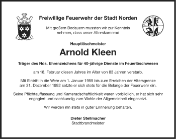 Traueranzeige von Arnold Kleen von Ostfriesischer Kurier GmbH