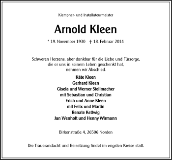 Traueranzeige von Arnold Kleen von Ostfriesischer Kurier GmbH