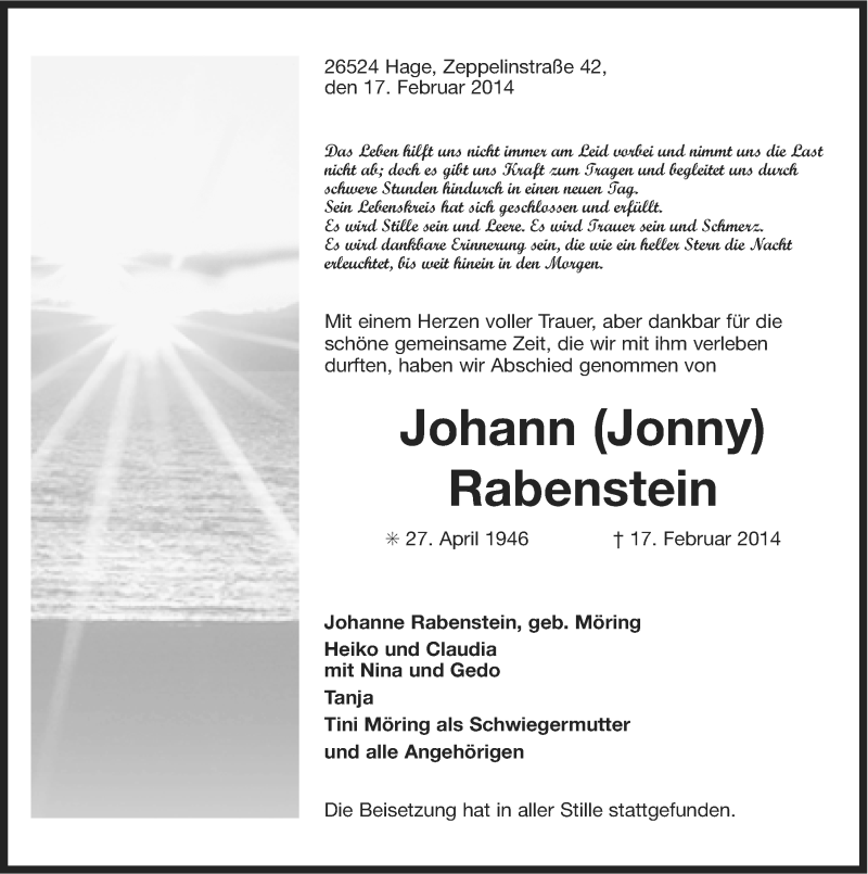  Traueranzeige für Johann Rabenstein vom 22.02.2014 aus Ostfriesischer Kurier GmbH