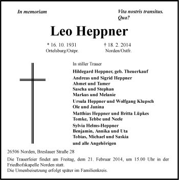 Traueranzeige von Leo Heppner von Ostfriesischer Kurier GmbH