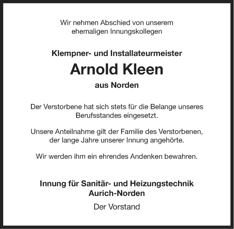  Traueranzeige für Arnold Kleen vom 25.02.2014 aus Ostfriesischer Kurier GmbH