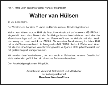 Traueranzeige von Walter van Hülsen von Ostfriesischer Kurier GmbH