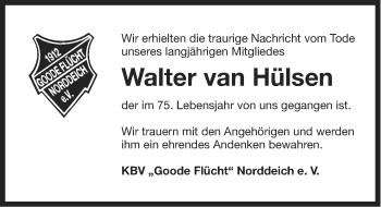 Traueranzeige von Walter van Hülsen von Ostfriesischer Kurier GmbH