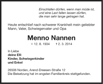 Traueranzeige von Menno Nannen von Ostfriesischer Kurier GmbH