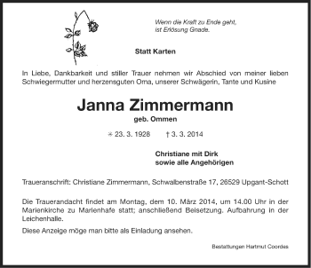 Traueranzeige von Janna Zimmermann von Ostfriesischer Kurier GmbH