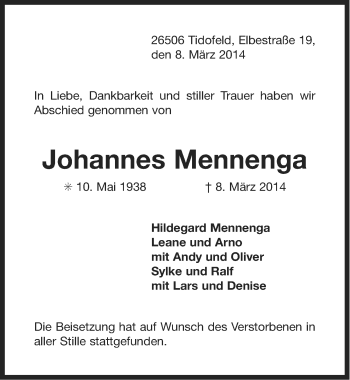 Traueranzeige von Johannes Mennenga von Ostfriesischer Kurier / Norderneyer Badezeitung