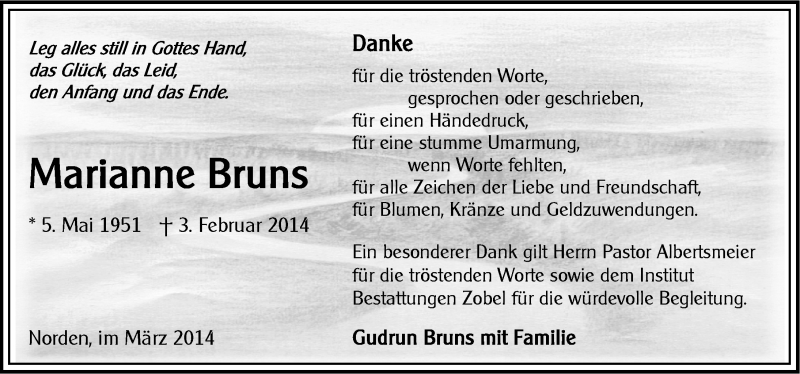  Traueranzeige für Marianne Bruns vom 15.03.2014 aus Ostfriesischer Kurier GmbH