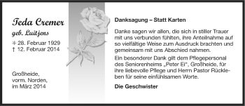 Traueranzeige von Teda Cremer von Ostfriesischer Kurier GmbH