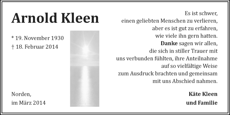  Traueranzeige für Arnold Kleen vom 22.03.2014 aus Ostfriesischer Kurier GmbH