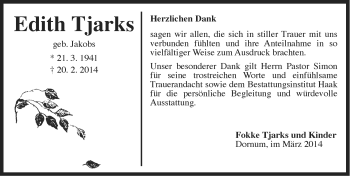 Traueranzeige von Edith Tjarks von Ostfriesischer Kurier GmbH