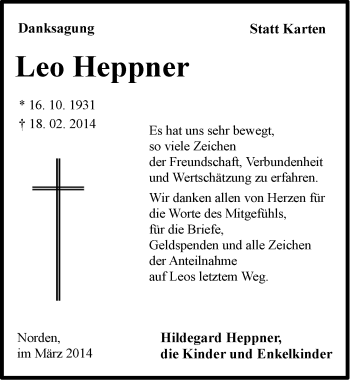 Traueranzeige von Leo Heppner von Ostfriesischer Kurier GmbH