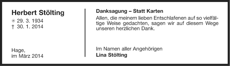  Traueranzeige für Herbert Stölting vom 29.03.2014 aus Ostfriesischer Kurier GmbH