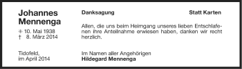 Traueranzeige von Johannes Mennenga von Ostfriesischer Kurier / Norderneyer Badezeitung