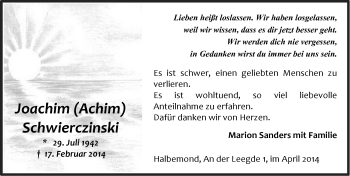 Traueranzeige von Joachim Schwierczinski von Ostfriesischer Kurier GmbH