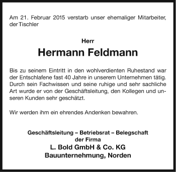 Traueranzeige von Hermann Feldmann von Ostfriesischer Kurier GmbH