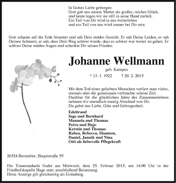 Traueranzeige von Johanne Wellmann von Ostfriesischer Kurier GmbH