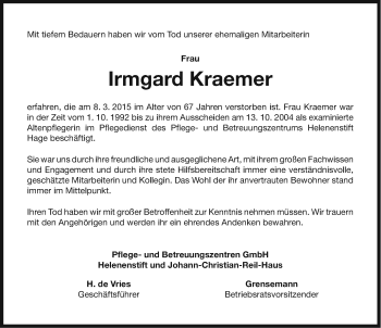 Traueranzeige von Irmgard Kraemer von Ostfriesischer Kurier / Norderneyer Badezeitung